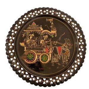 Vintage Asian Black Metal Wall Plate With Horse Carriage Design